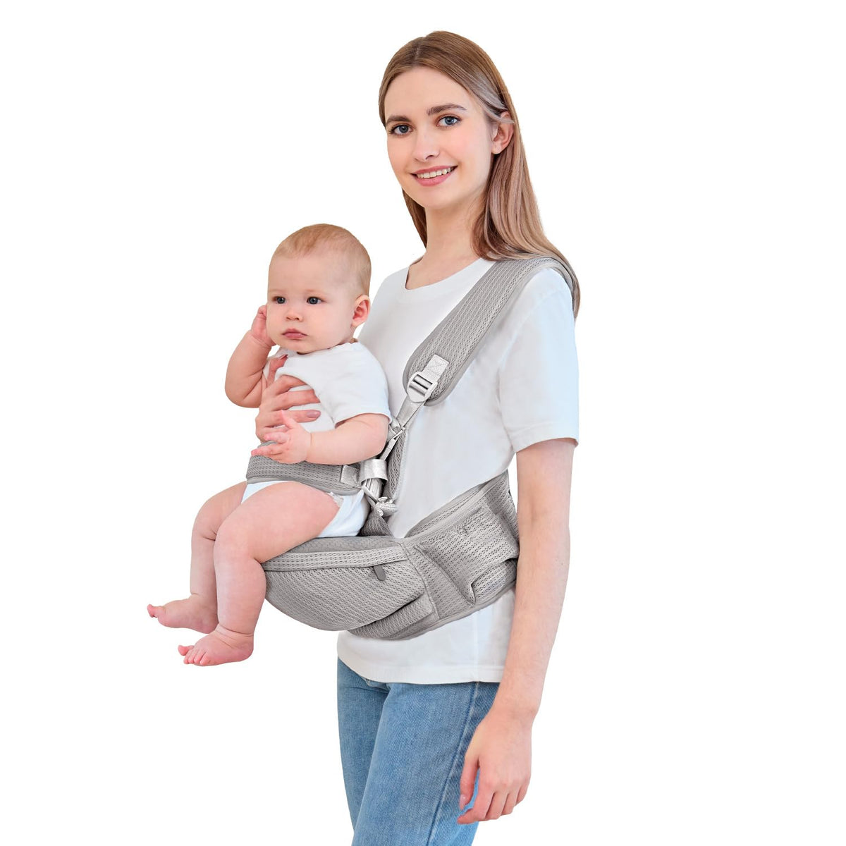 bebless baby hip carrier light grey front view showing ergonomic support for baby and parent