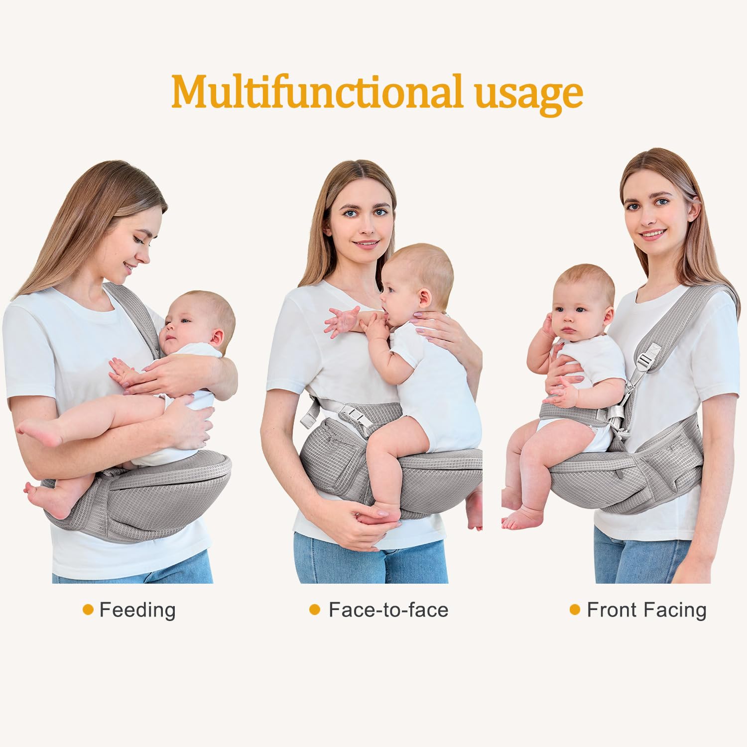 bebless baby carrier with light grey finish enables hands-free adventures with a toddler