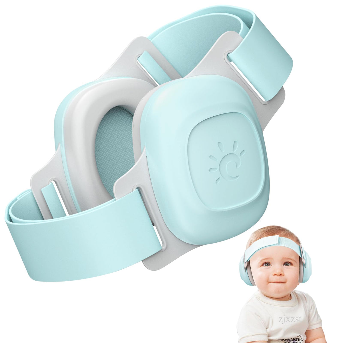 BEBOAN baby ear protection headphones worn by an infant to reduce loud noises.