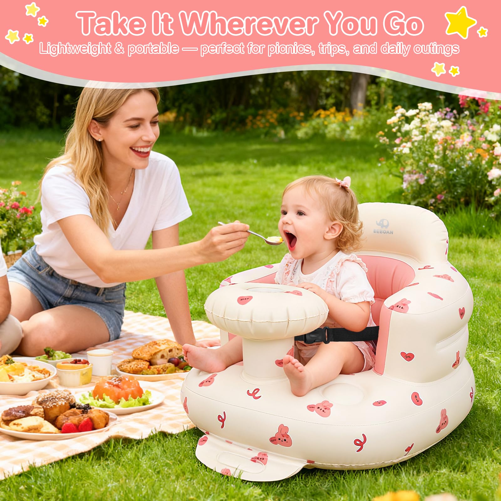BEBOAN pink bunny design seat showcasing ergonomic backrest for safe upright sitting.