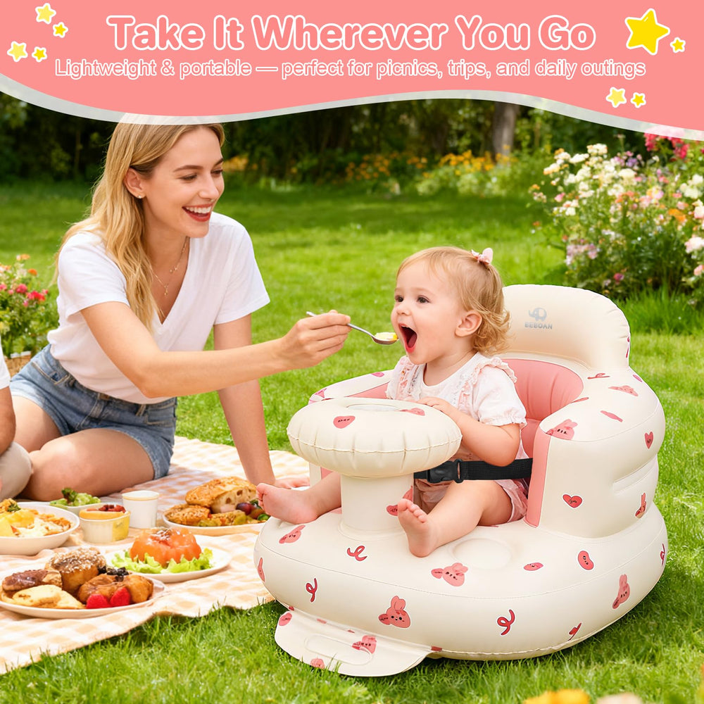 BEBOAN pink bunny design seat showcasing ergonomic backrest for safe upright sitting.