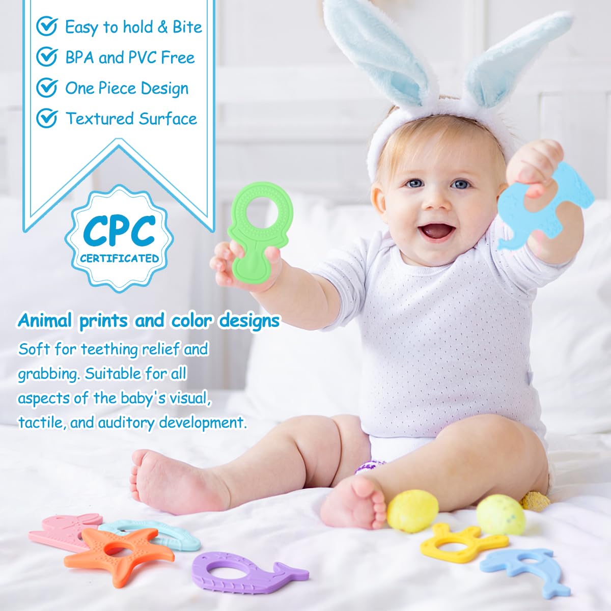 BEBOAN teething coral silicone toy massages gums during teething.
