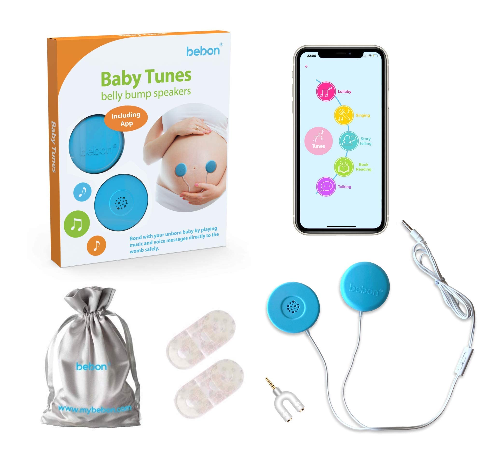 bebon Baby-Bump Headphones on belly delivering lullabies to the womb safely.