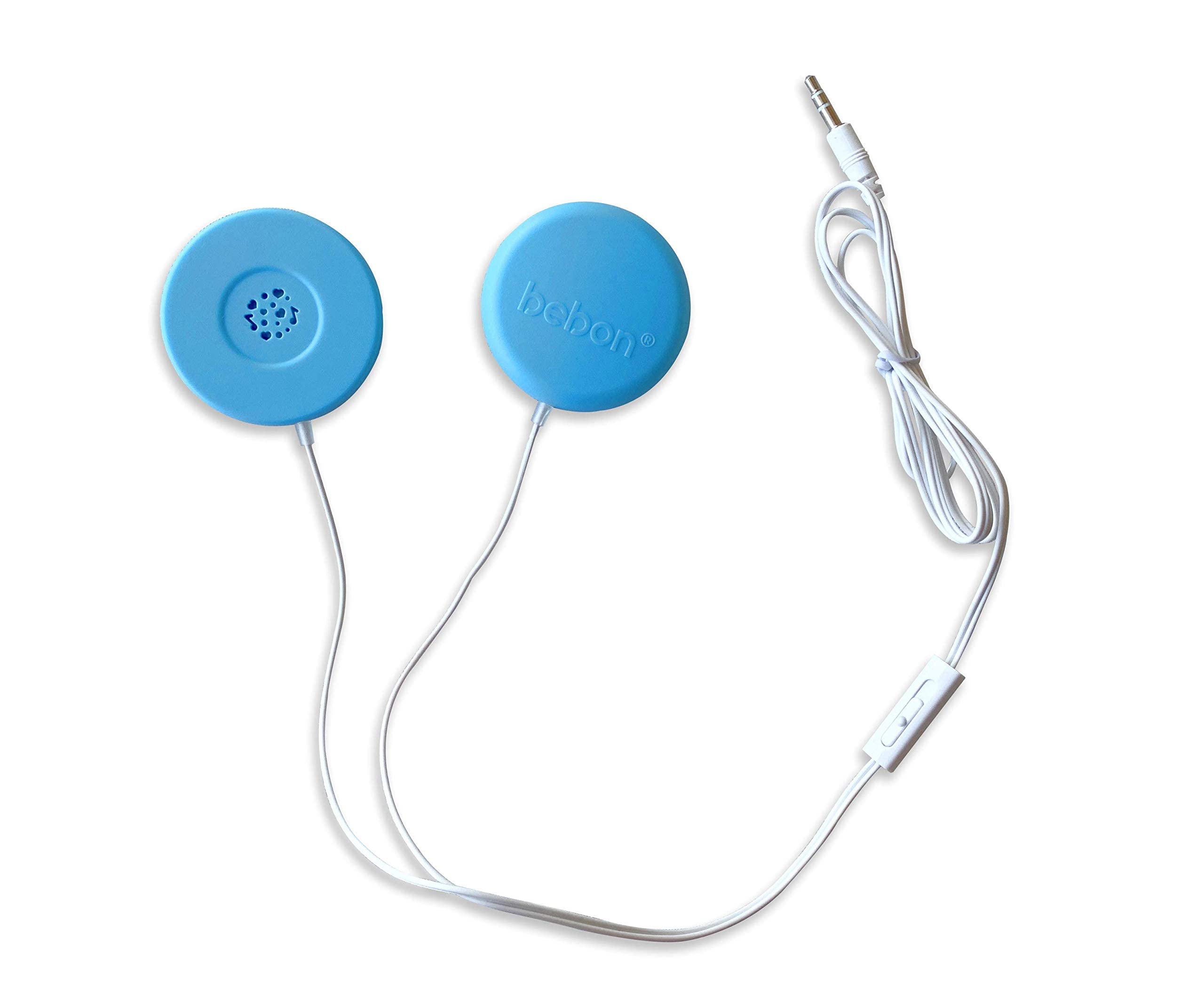 Compact blue bebON belly speaker system shown for home or on-the-go use.