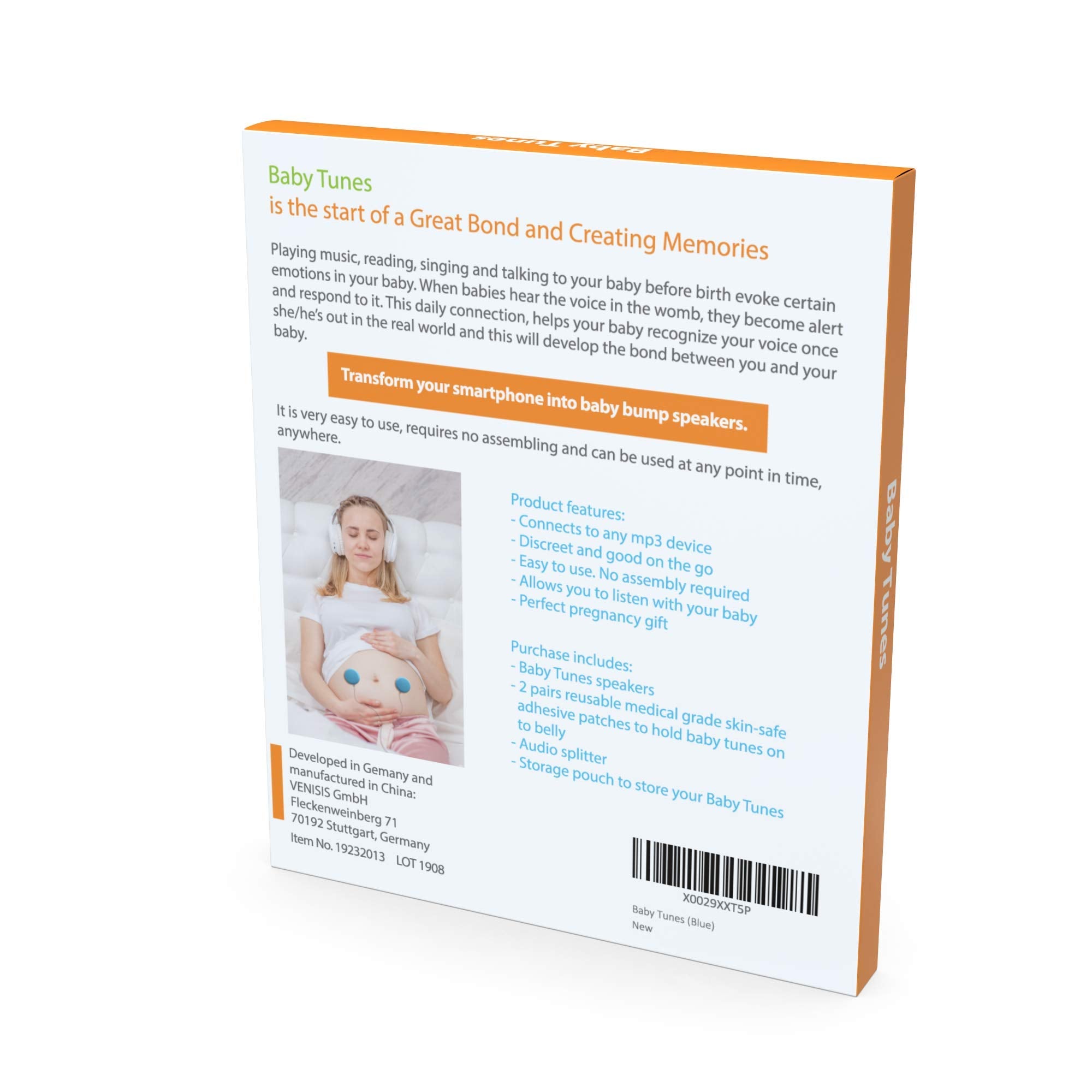 Hydrogel adhesive patches attach bebON device securely to the belly.