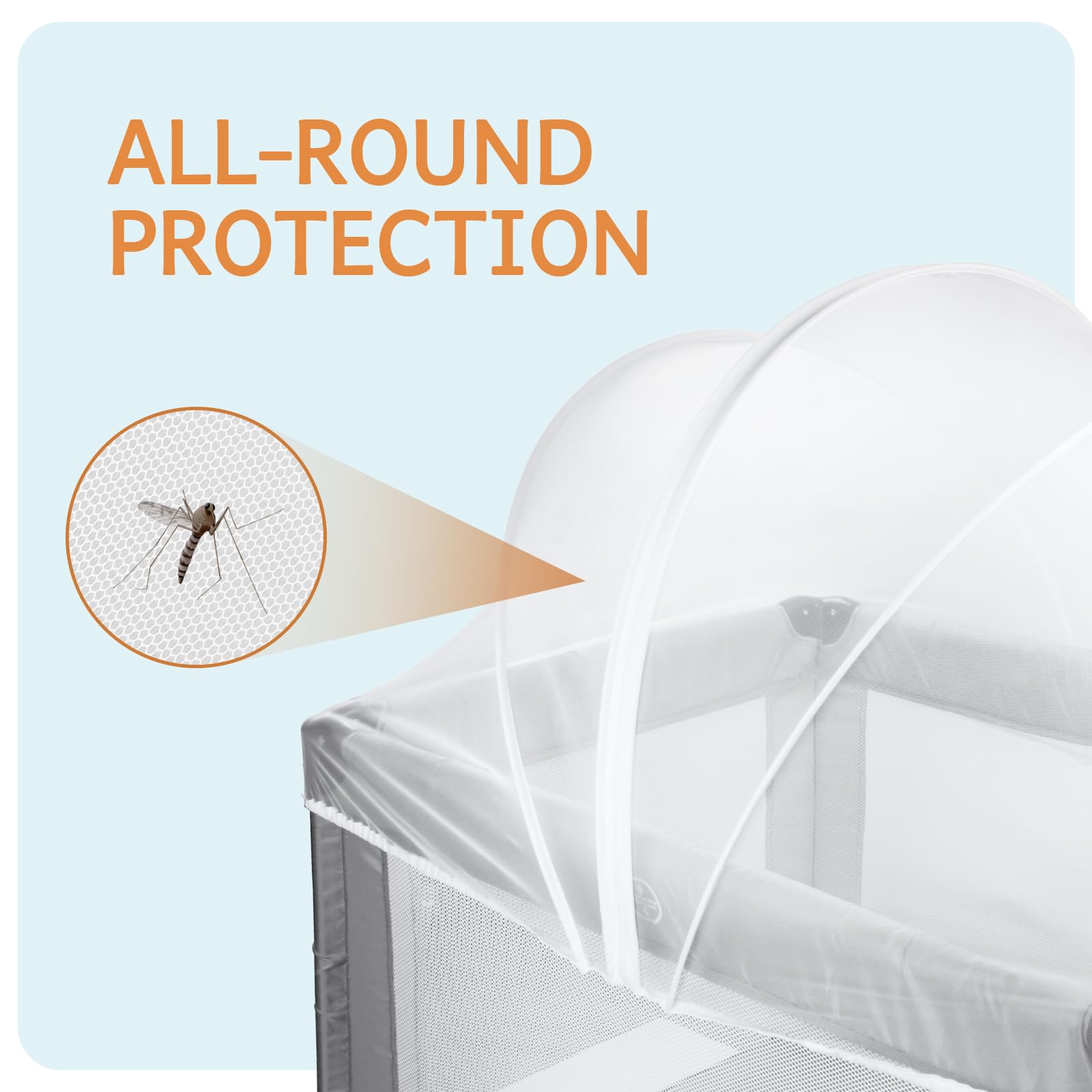BEBONO elastic-edge fit secures the net around most playpens.