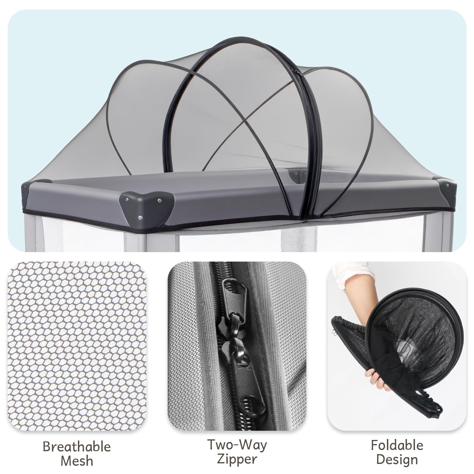BEBONO foldable netting with storage bag for portable use.
