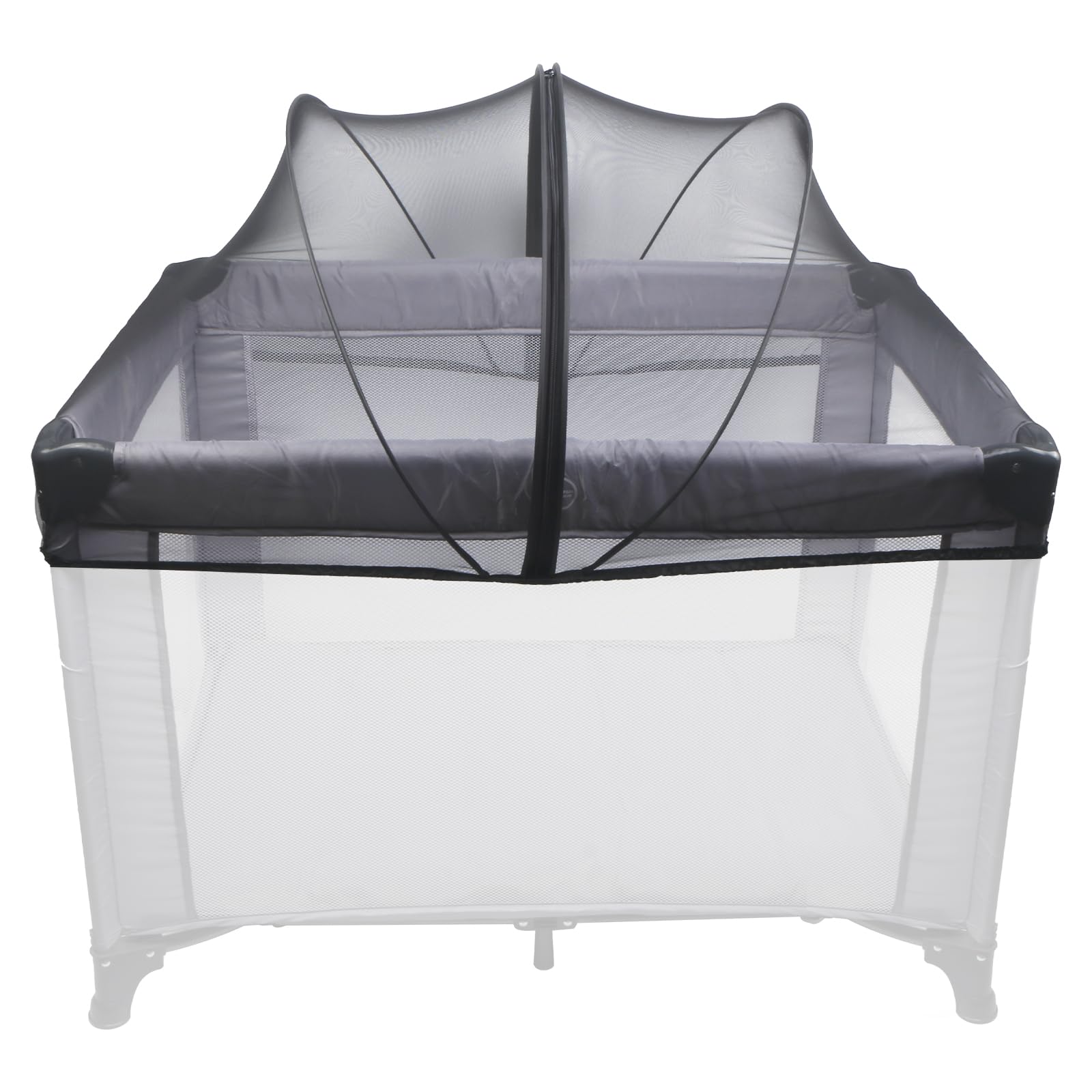BEBONO mosquito net cover on Pack N Play, front view, protects baby from insects