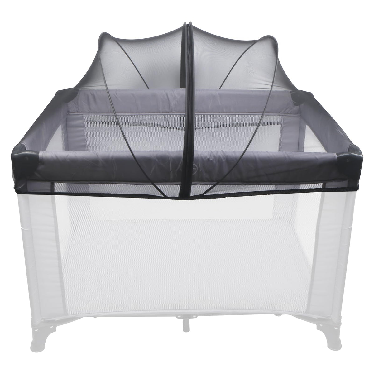 BEBONO mosquito net cover on Pack N Play, front view, protects baby from insects
