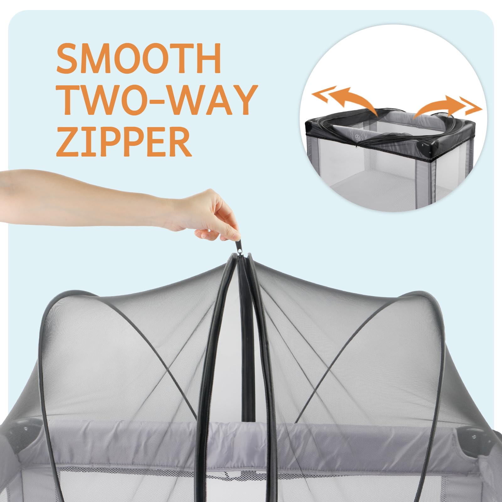 BEBONO two-way zipper net enables easy access for feeding and care.