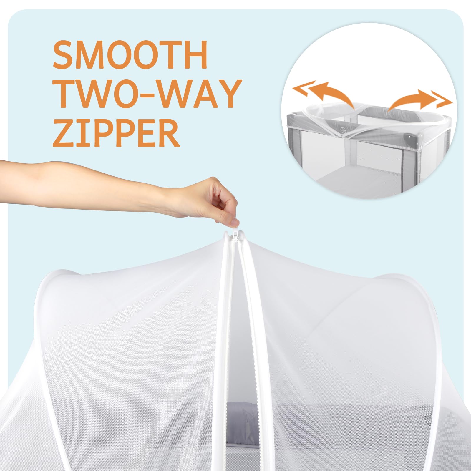 BEBONO two-way zip playpen net allows easy access without removing cover.