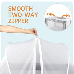 BEBONO two-way zip playpen net allows easy access without removing cover.