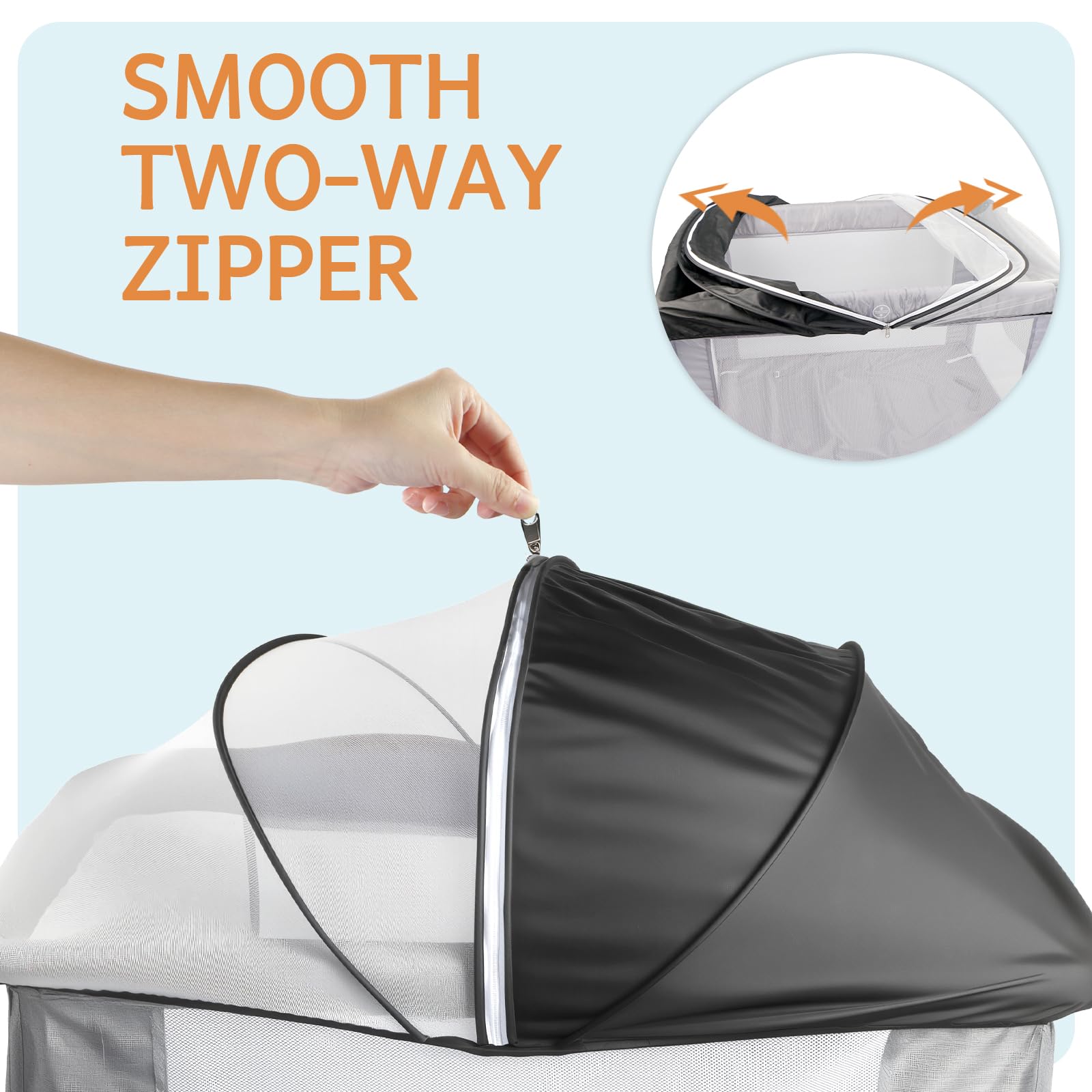 BEBONO playpen cover with two-way zipper for easy access and quick adjustments.