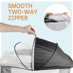 BEBONO playpen cover with two-way zipper for easy access and quick adjustments.