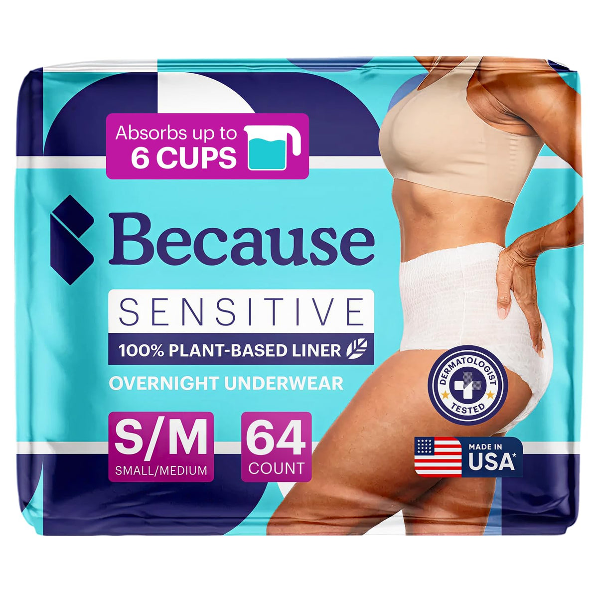 Because adult incontinence underwear packaging in white showing discreet overnight protection