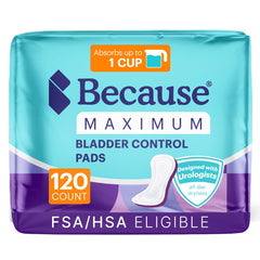 Because Incontinence Pads for Women package view showing discreet protection inside
