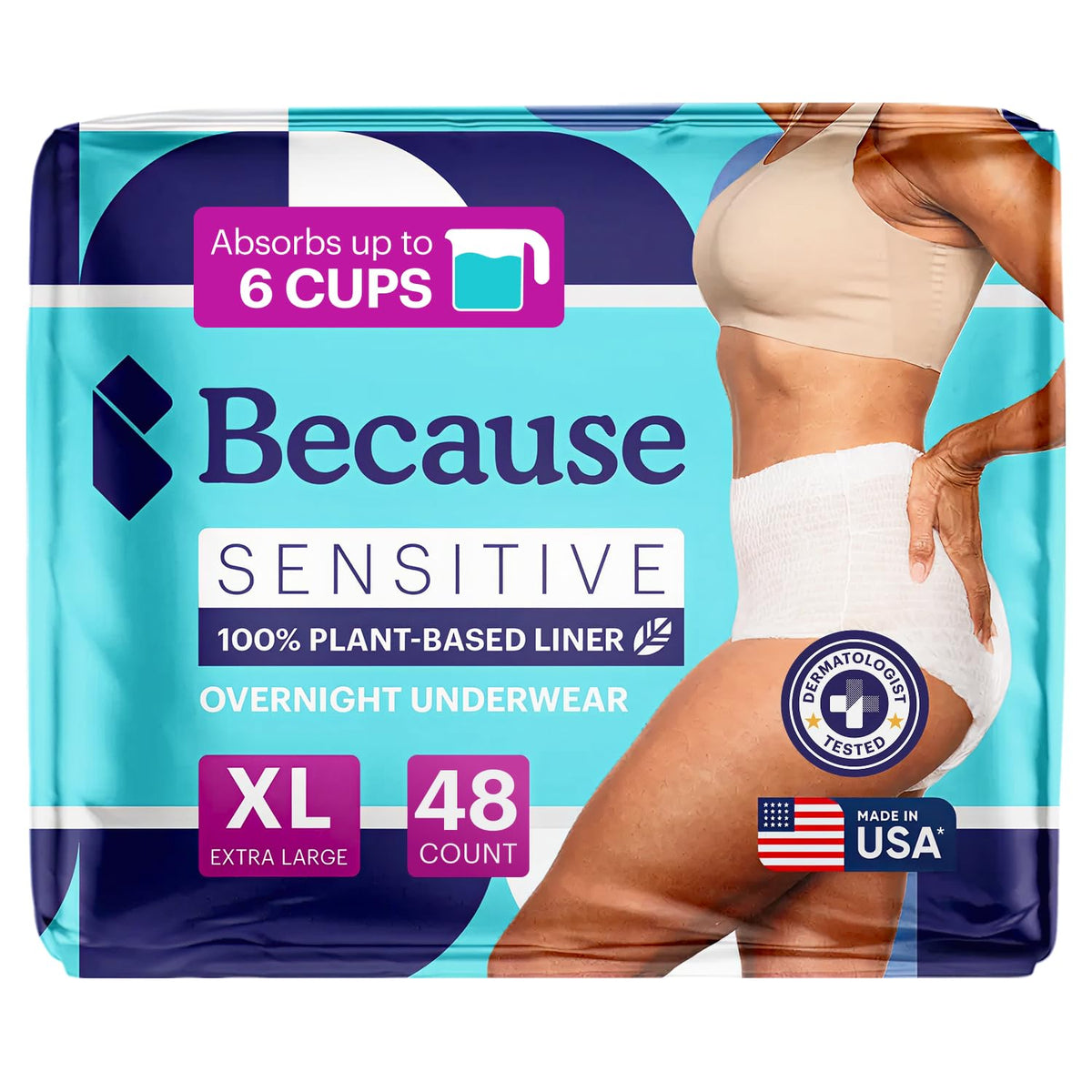 Because Sensitive Overnight Briefs pack shot showing full night protection for sensitive skin