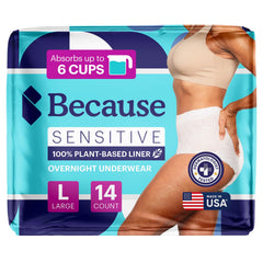 Because sensitive overnight underwear pack shot showing discreet protection for night use
