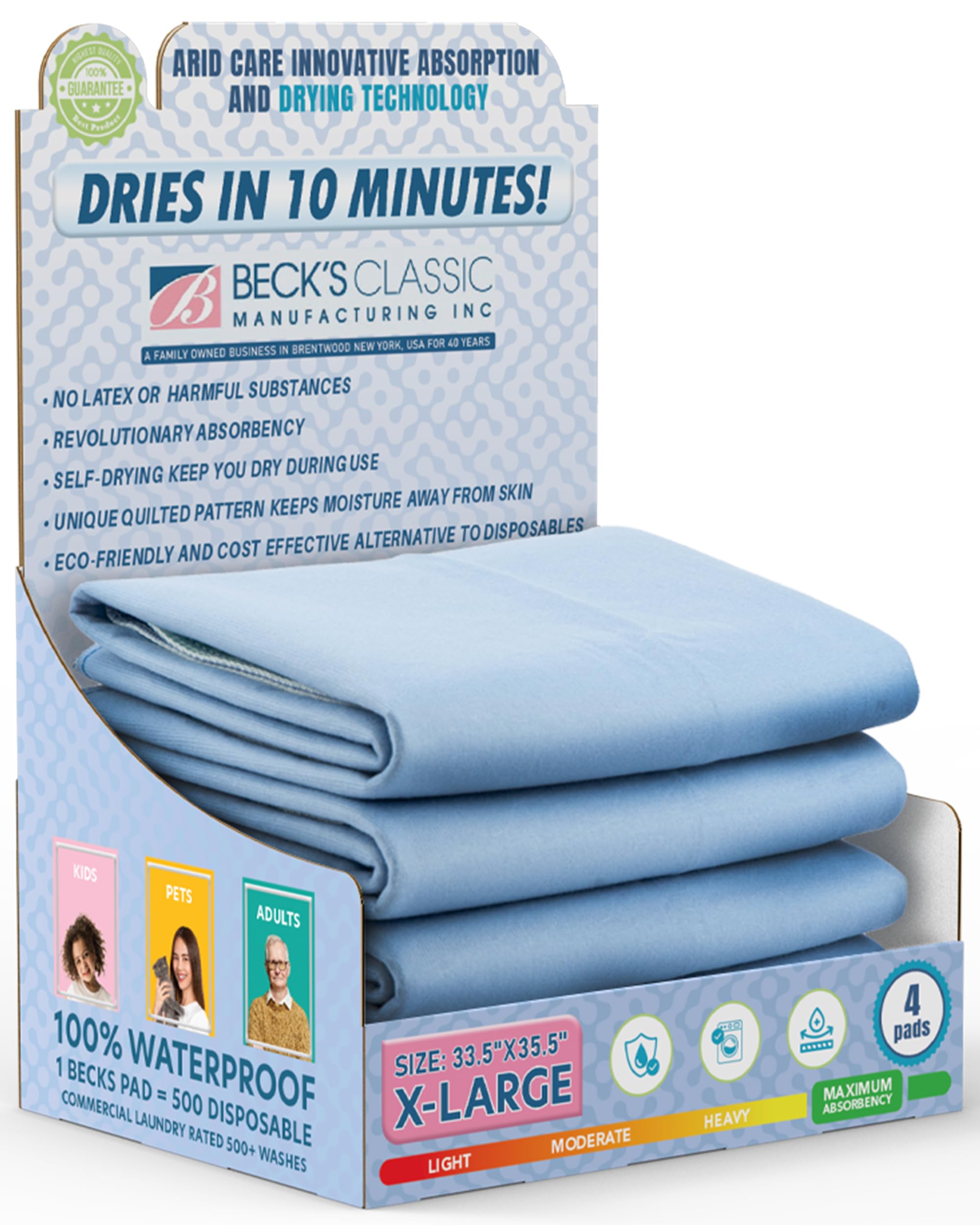 Beck's Classic washable underpads 34x36, pack-front, durable 4-pack for bed and furniture protection.