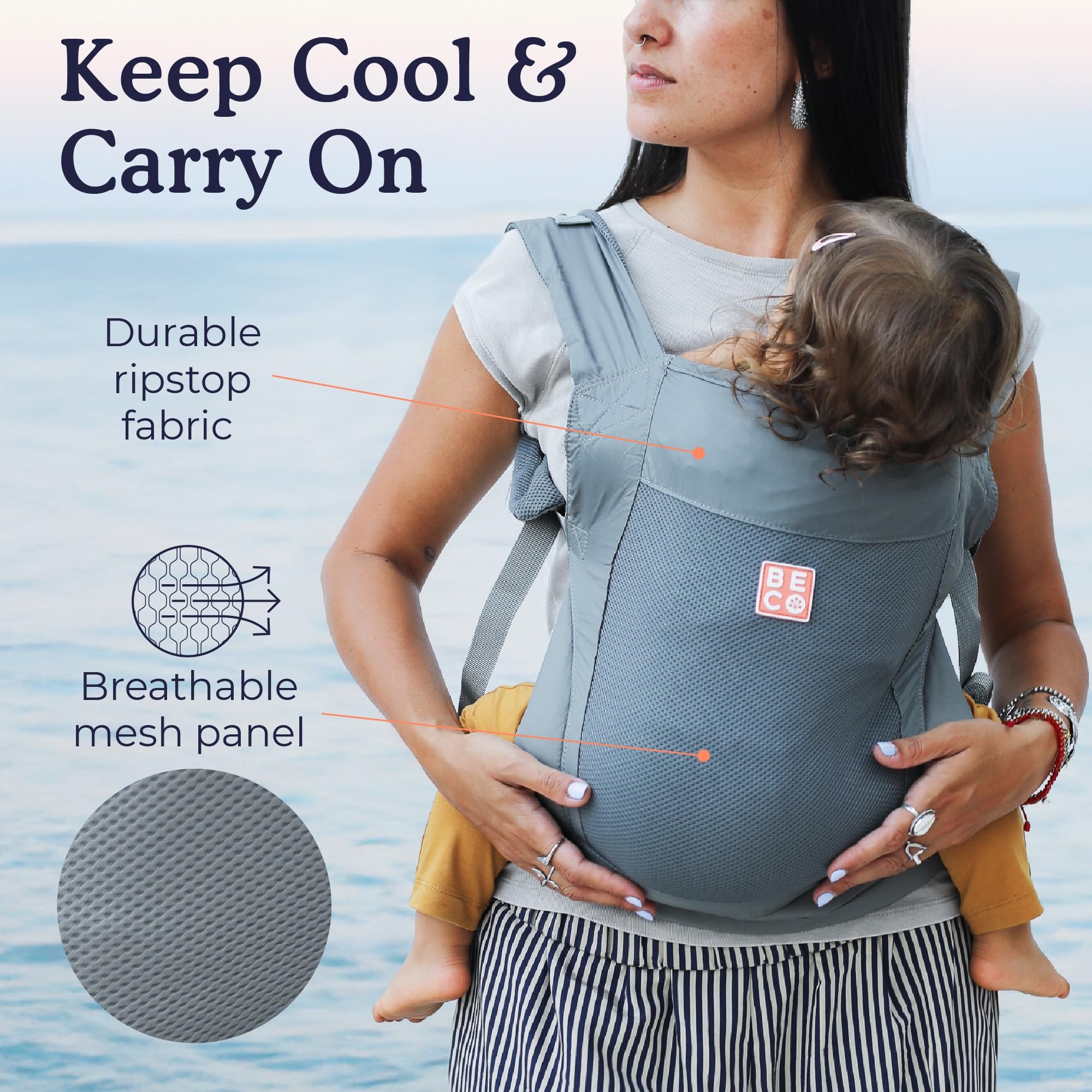 Beco Fly Ultralite ripstop mesh fabric keeps baby cool.