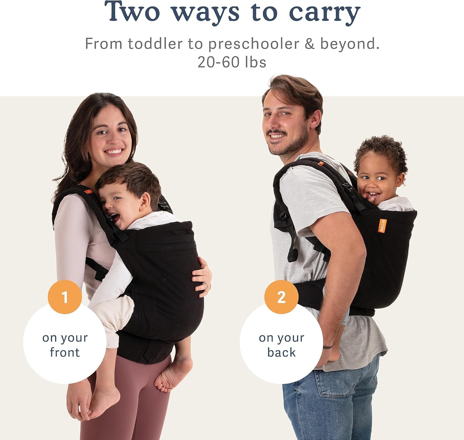 Two carry positions demonstrated on the Beco Toddler Carrier