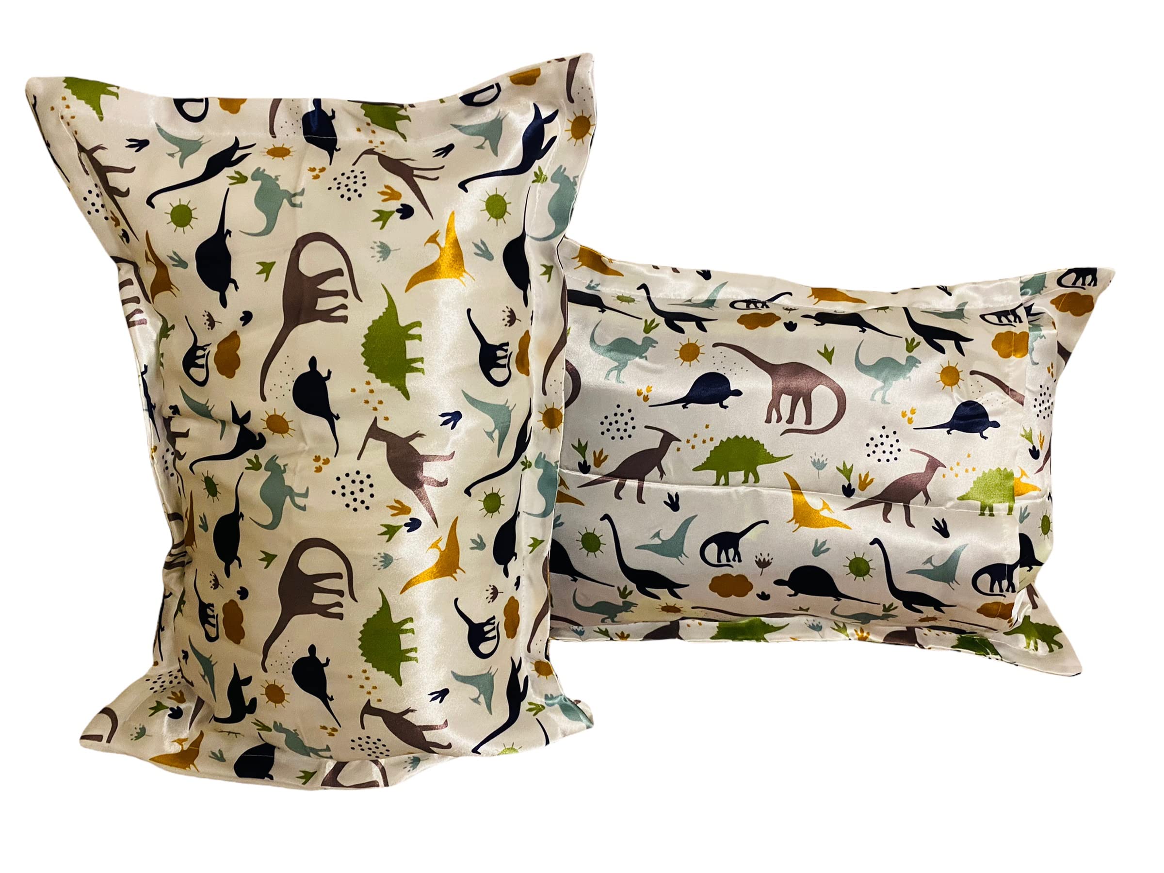 Beddings Place satin toddler pillowcase highlight closeup of dinosaur motif.