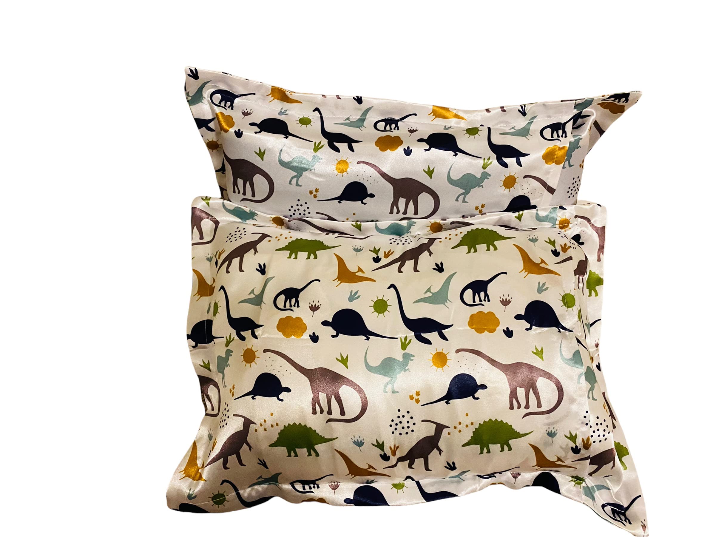 Beddings Place satin toddler pillowcase with dinosaur party design preserves hair moisture.