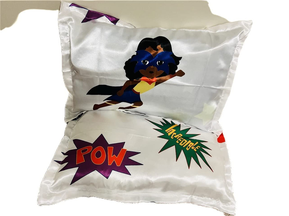 Beddings Place satin pillowcase with superhero design for hair moisture retention.