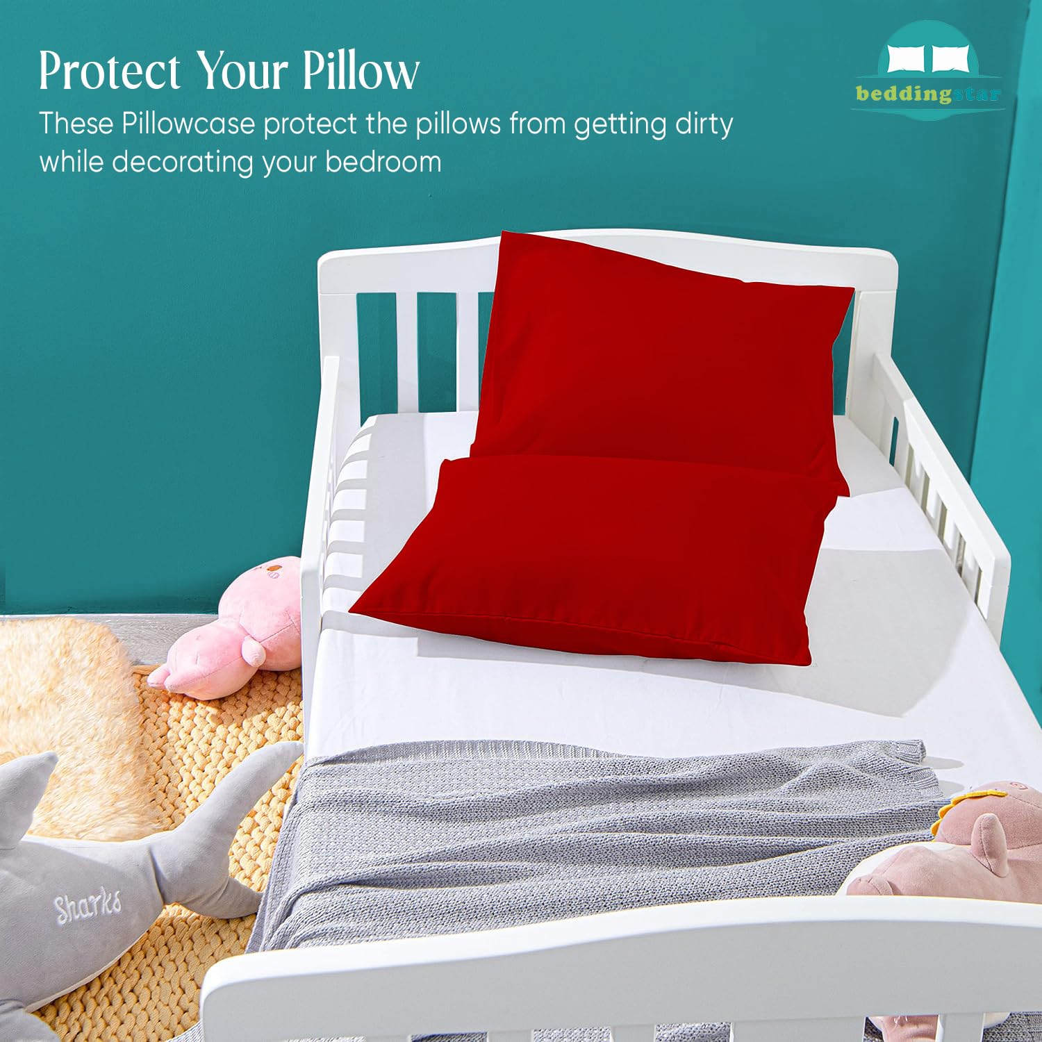 Toddler enjoys a nap with Beddingstar red travel pillow case on the go.