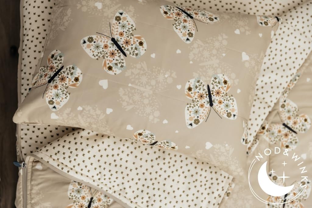 Beige base with butterfly motifs adds cozy bedroom charm