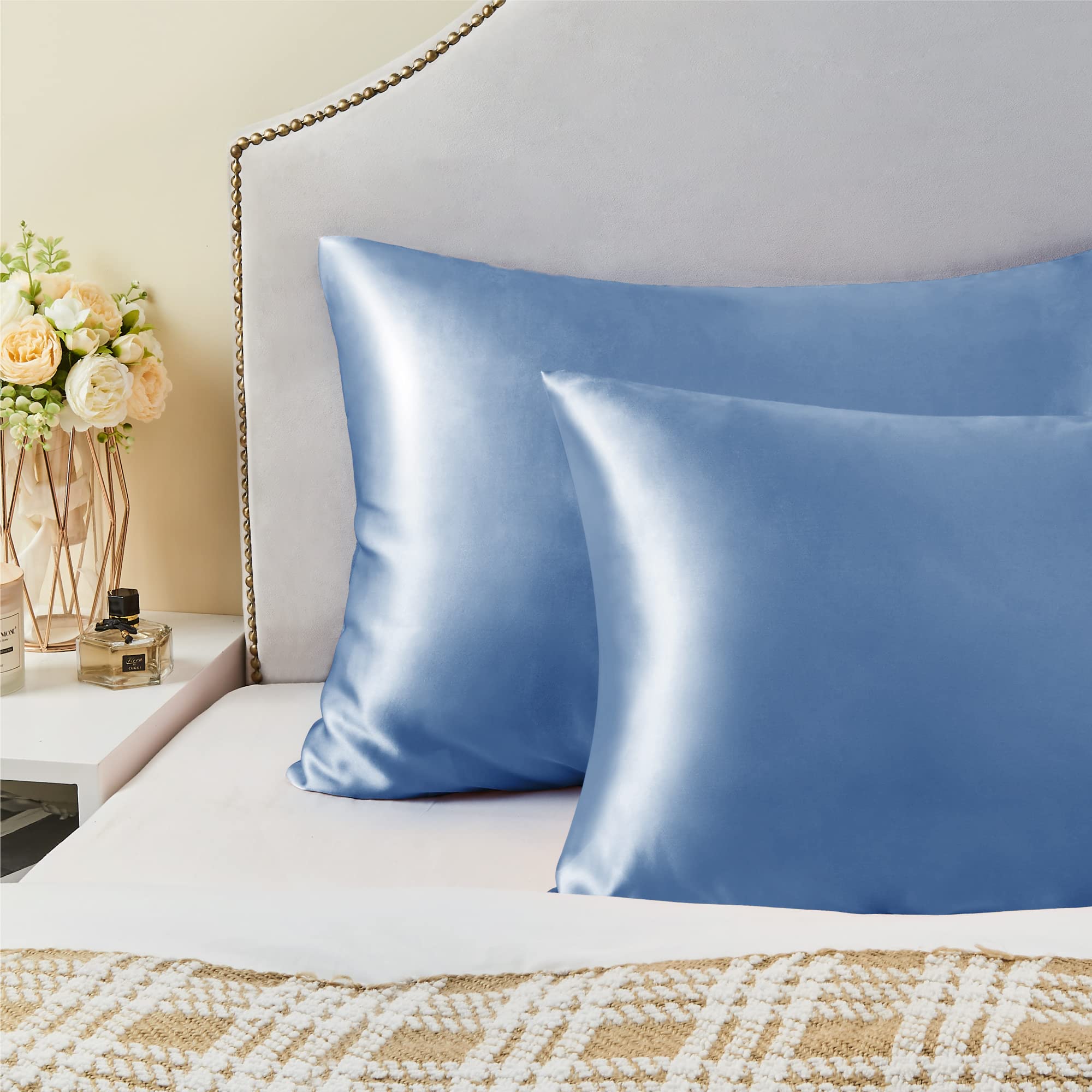 Toddler size BEDELITE satin pillowcase in airy blue fits small pillows