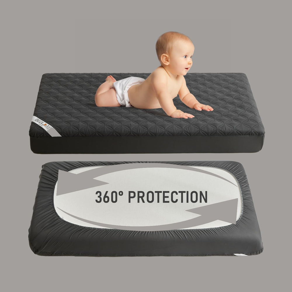 BEDLORE noiseless breathable crib cover shown on a crib for calm sleep airflow