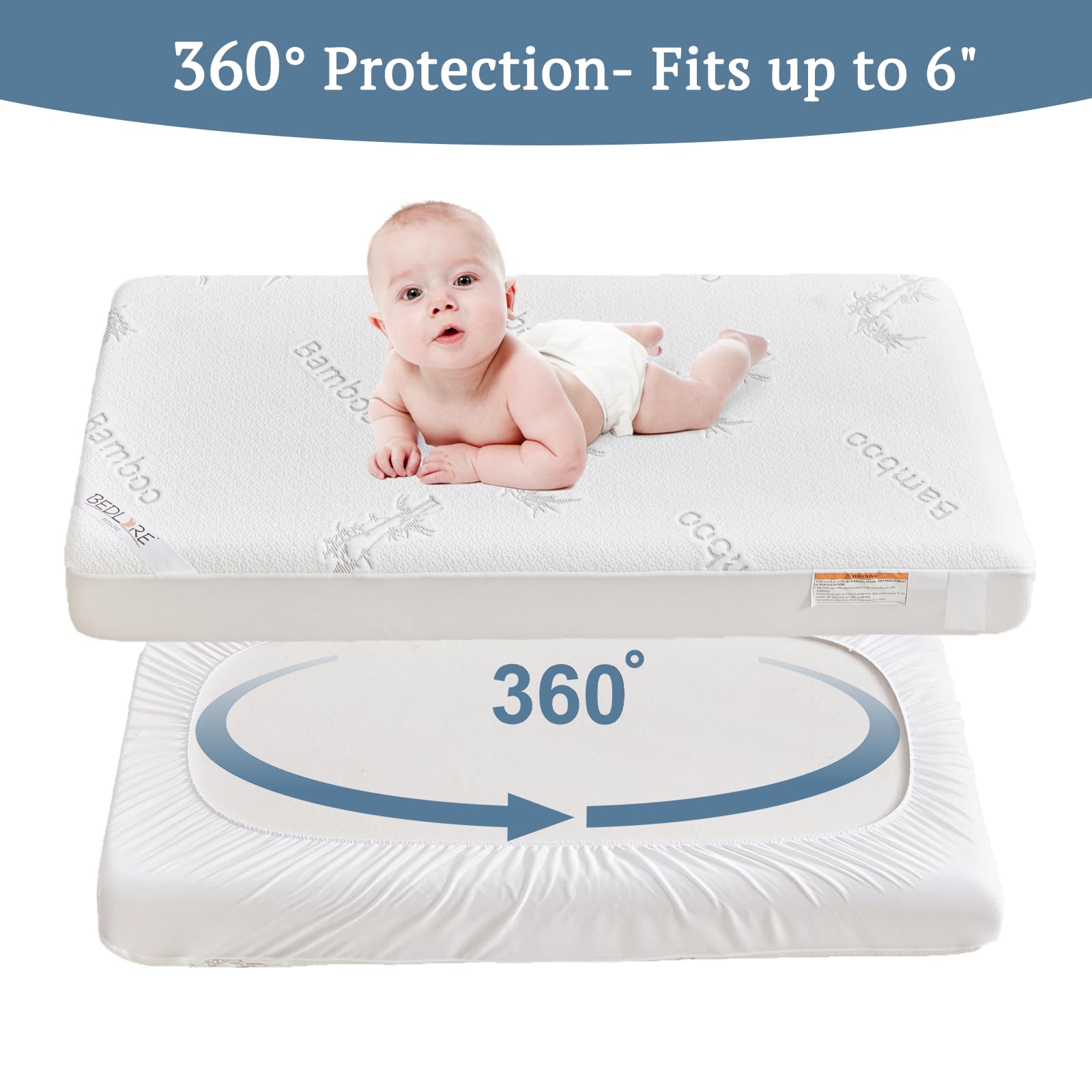 Bedlore secure-fit edges ensure snug attachment on standard crib mattresses