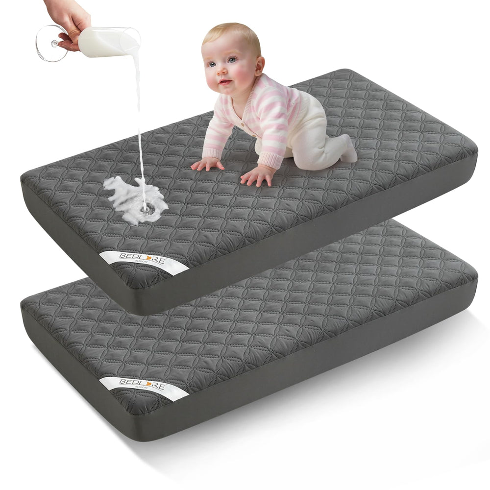 BEDLORE two-pack crib protector in soft gray with a snug 52x28 fit for crib mattresses