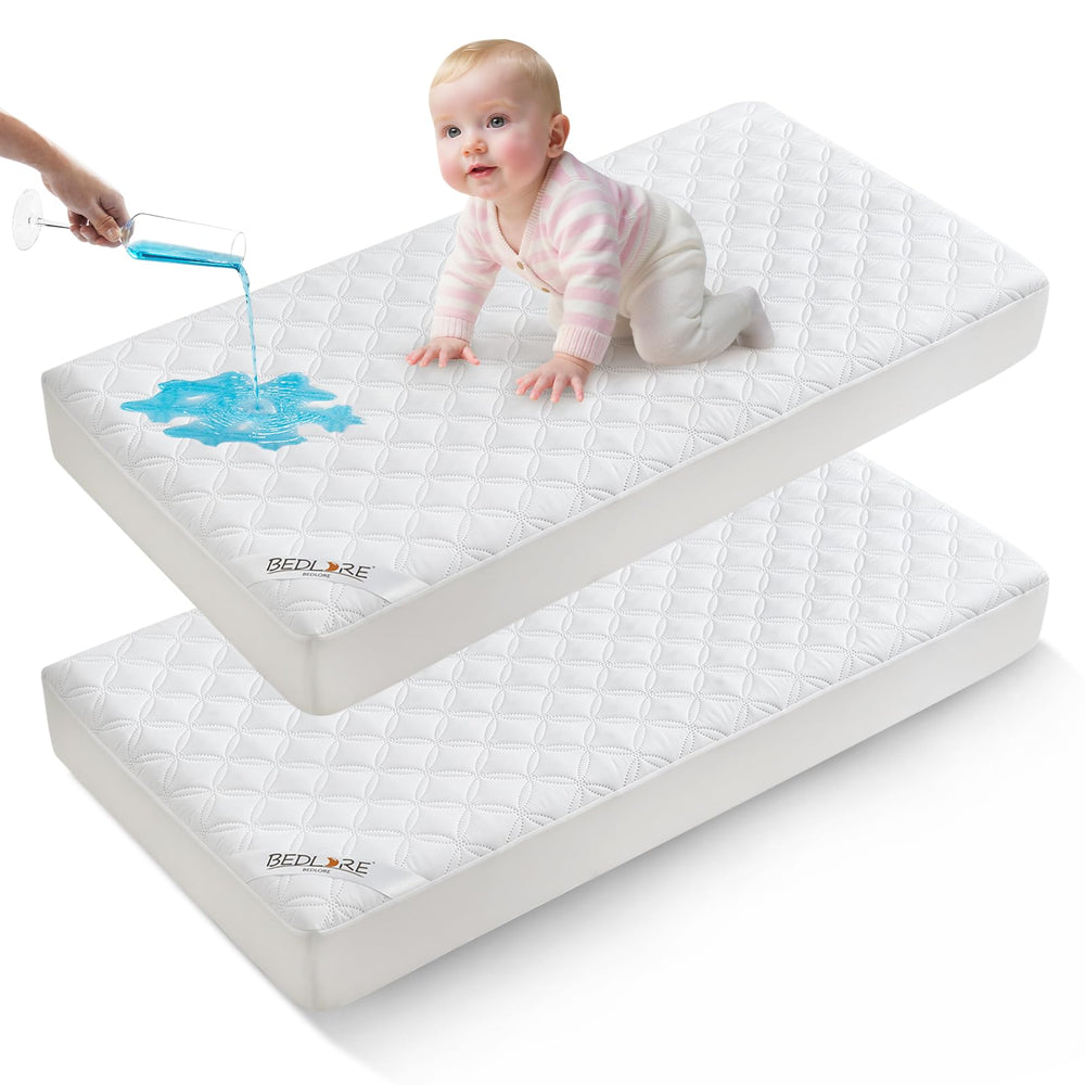 BEDLORE waterproof crib protector on mattress keeps baby dry and protected.