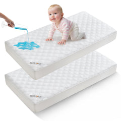 BEDLORE waterproof crib protector on mattress keeps baby dry and protected.