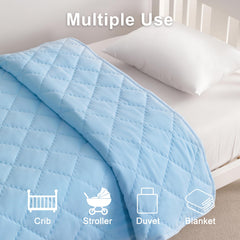 BEDSUM Aqua toddler comforter on crib setup adds cozy layer