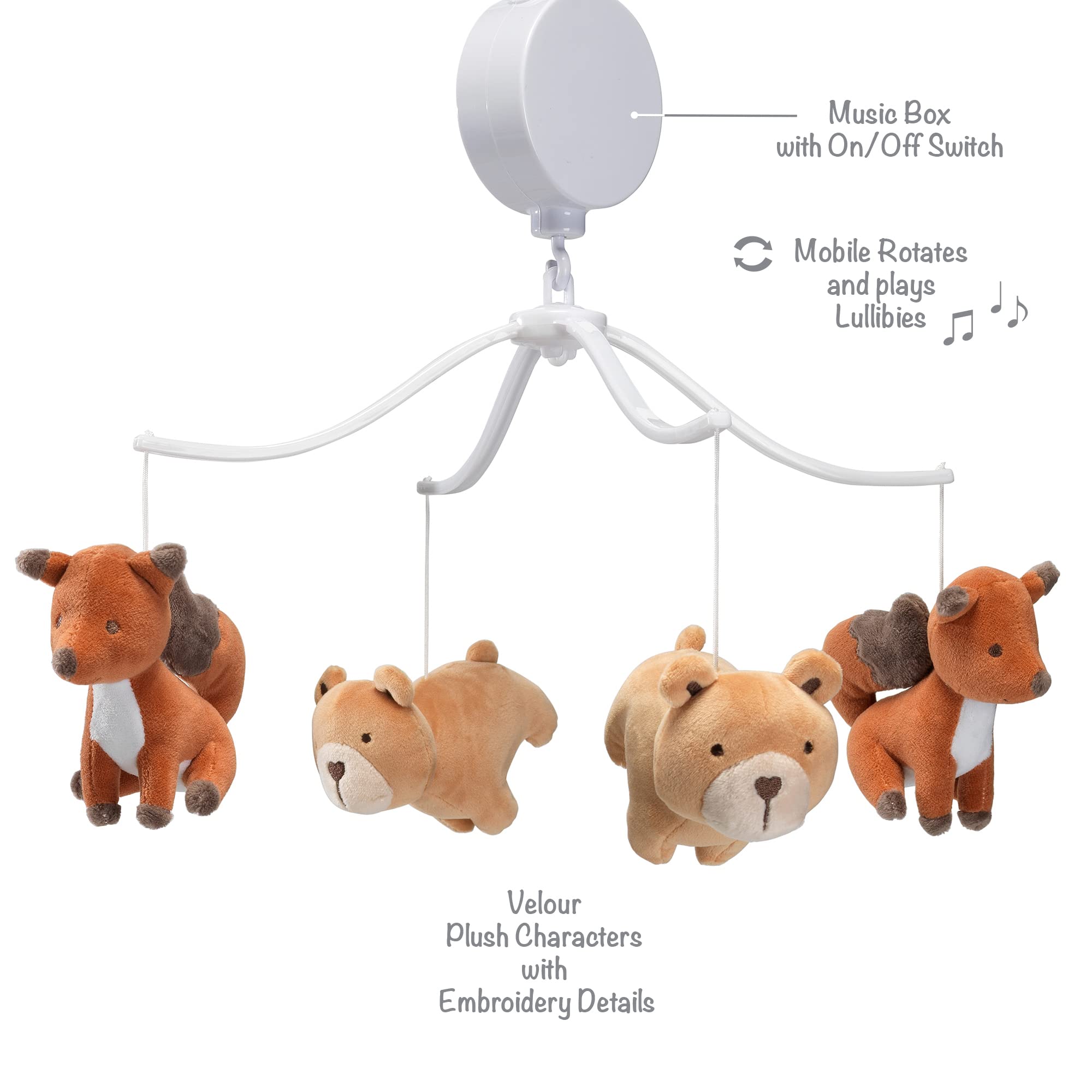 Bedtime Originals Animal Alphabet Bear/Fox mobile showing on/off switch and controls