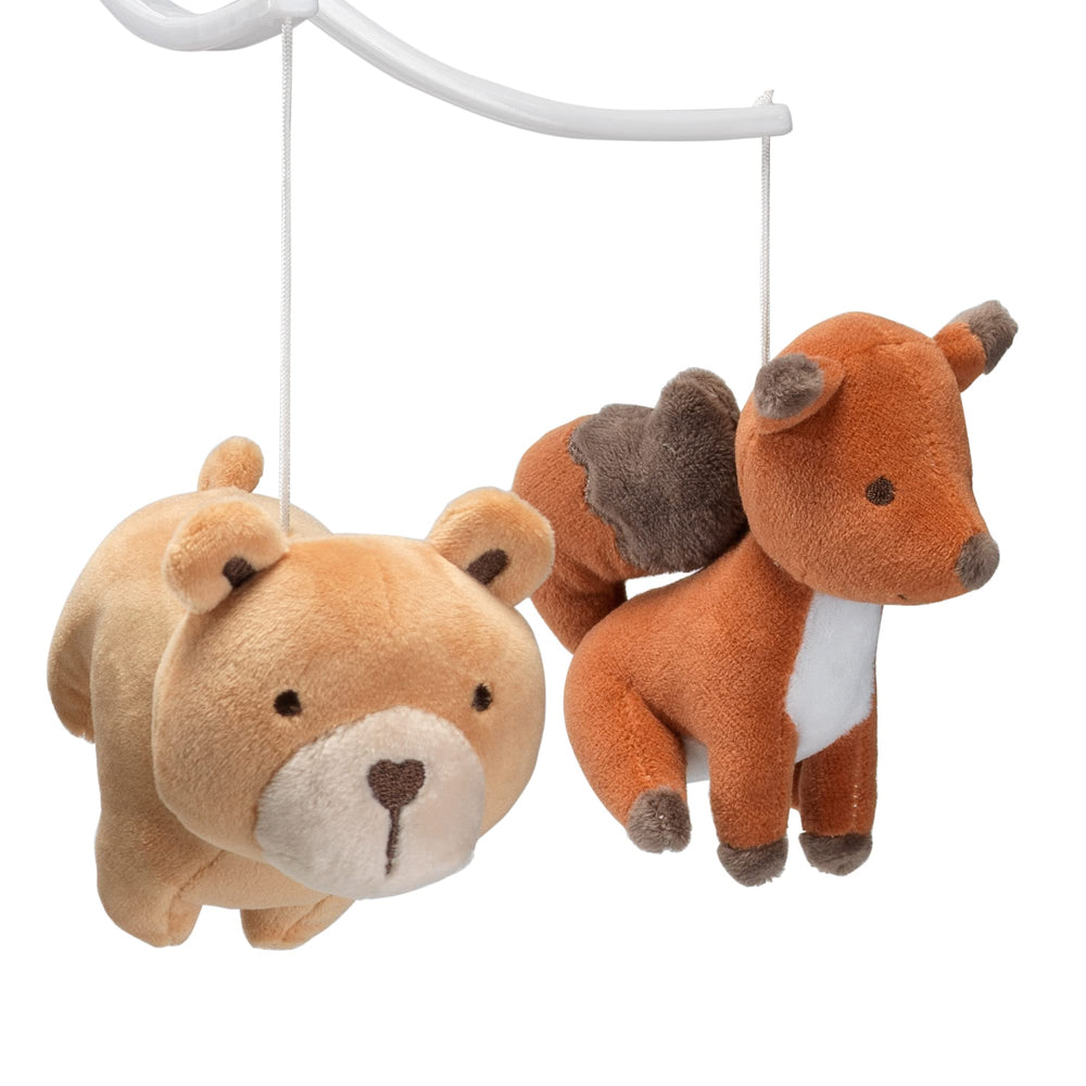 Bedtime Originals Animal Alphabet Bear/Fox mobile close-up of embroidered faces for detail