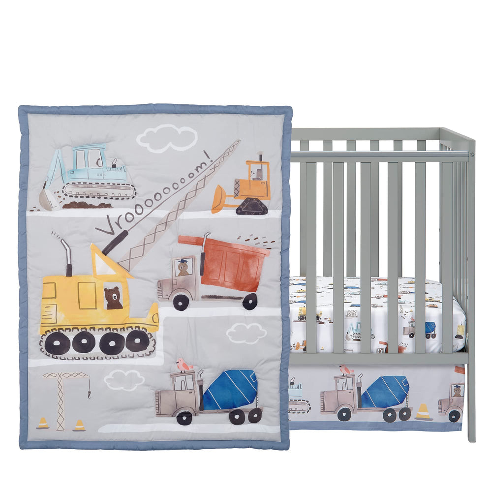 Bedtime Originals Construction Zone watercolor vehicles add vibrant visual appeal.