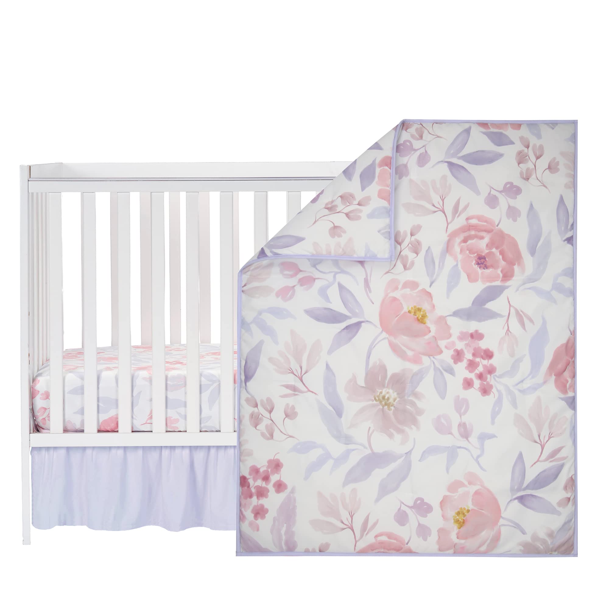 Bedtime Originals lavender floral crib skirt with shirred lavender detailing.