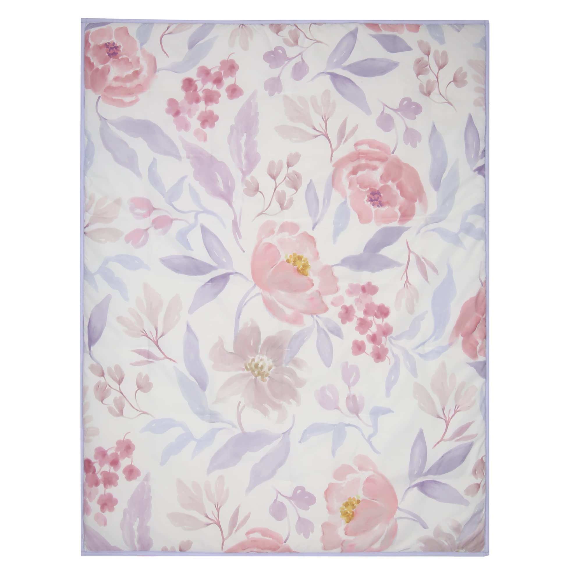 Bedtime Originals lavender floral fitted sheet with full elastic for secure crib fit.