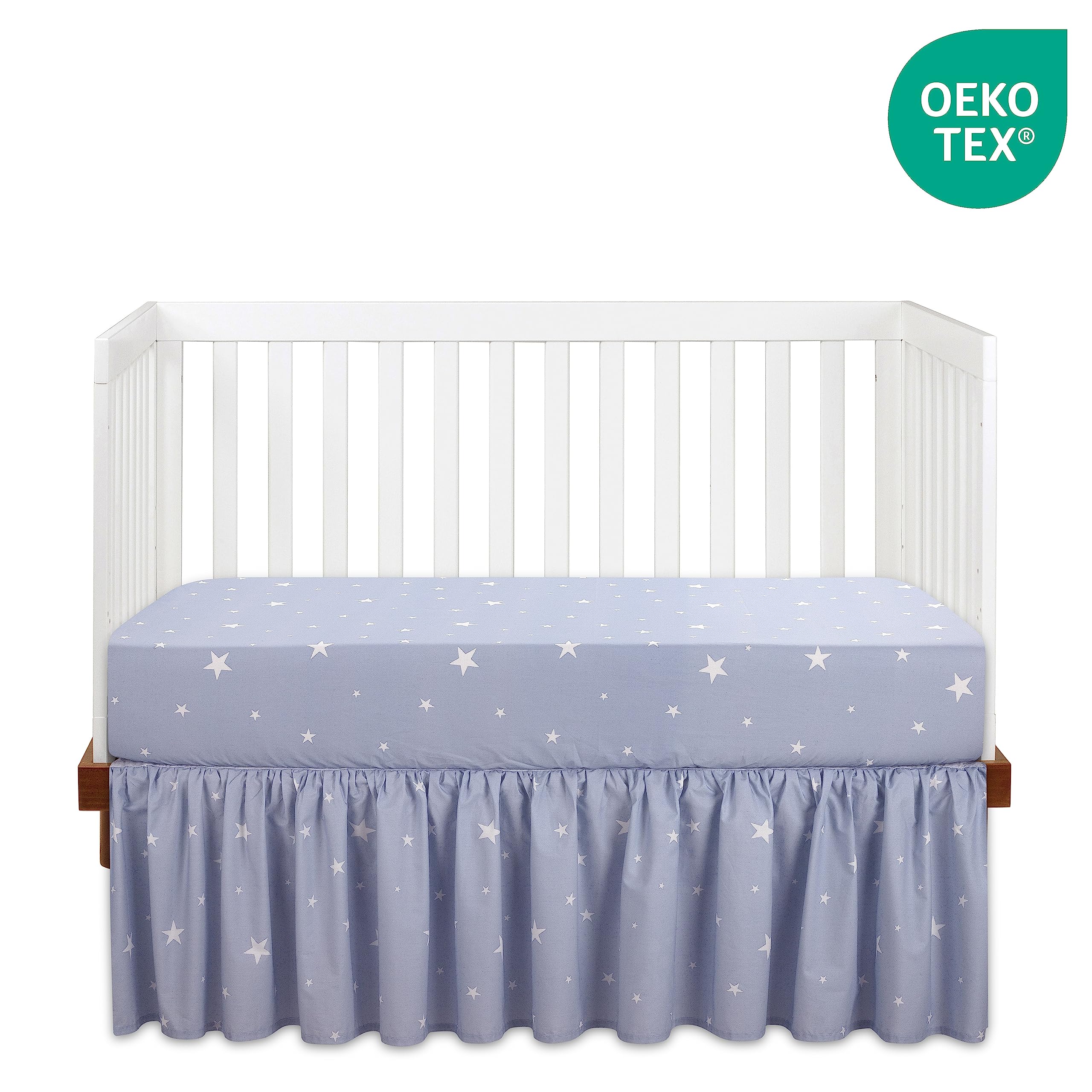 Bedward Stars fitted sheet with elasticized edges ensures a snug 28x52 crib fit.