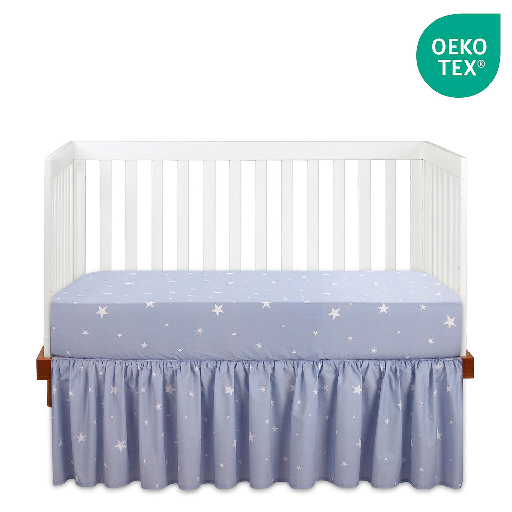 Bedward Stars fitted sheet with elasticized edges ensures a snug 28x52 crib fit.