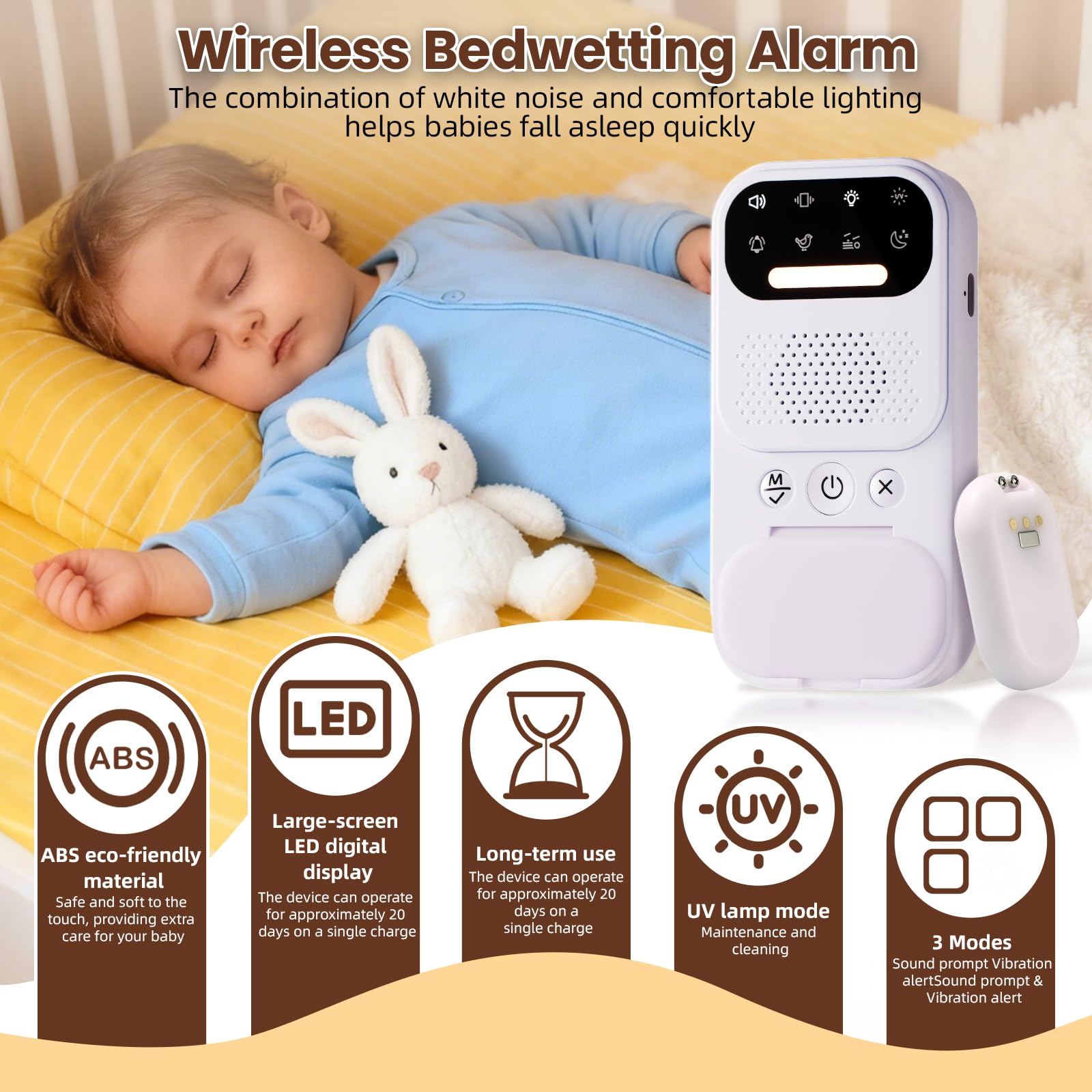 BeeChip white noise options with chimes and ocean sounds for kid calm.