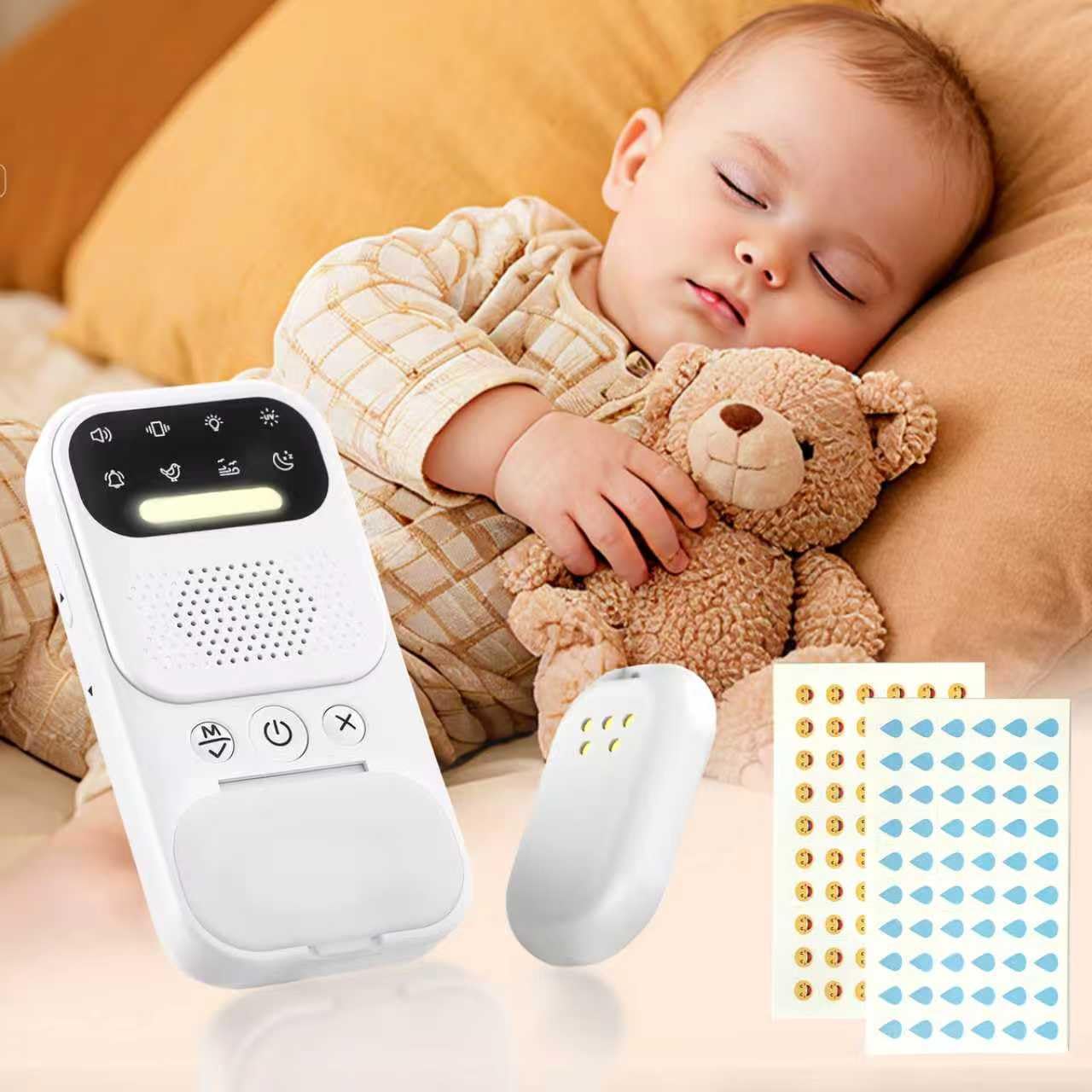 BeeChip wireless bedwetting alarm sensor close-up highlighting quick moisture detection for kids.