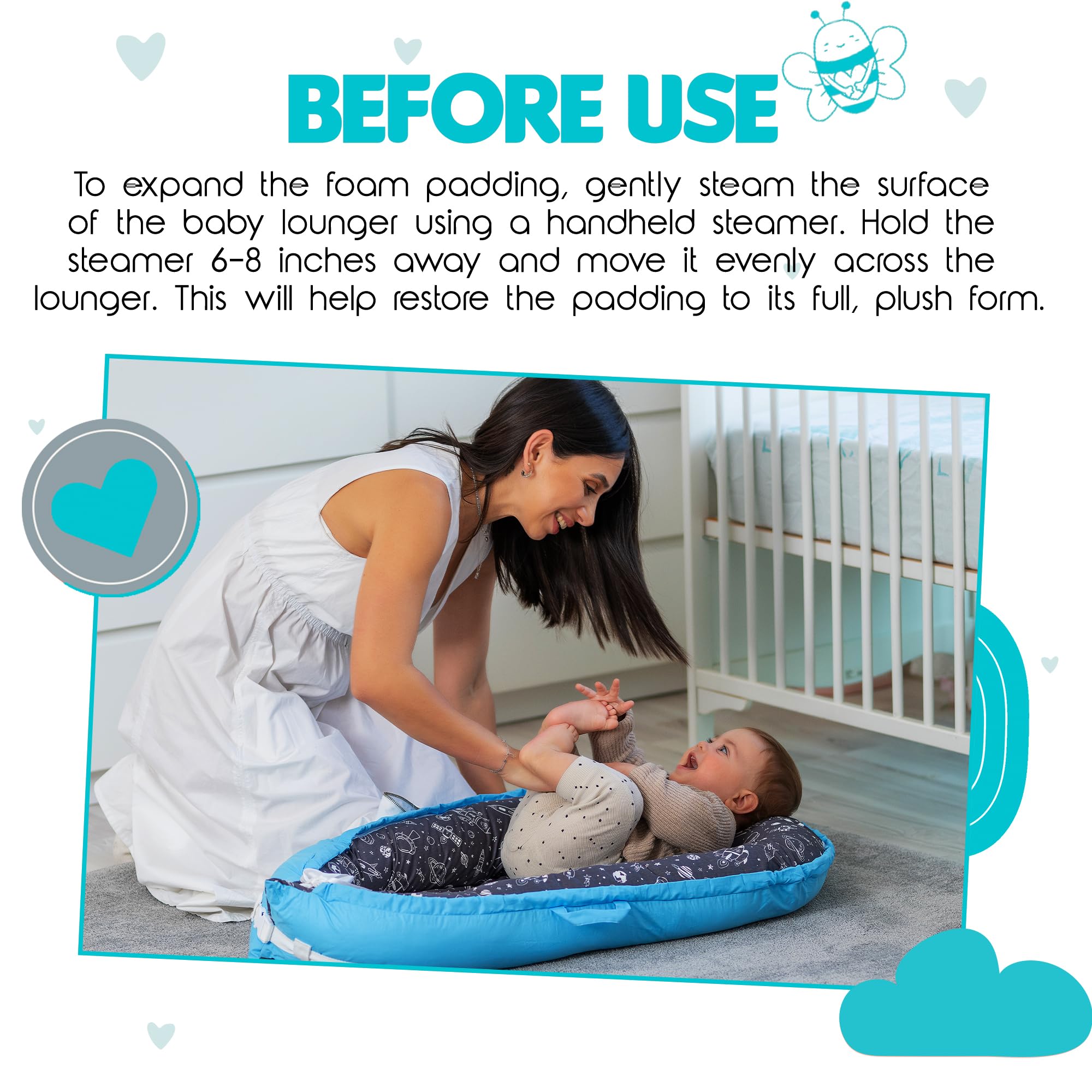 Beeezy Buddies Baby Lounger blue outer space contoured shape supports head and spine.
