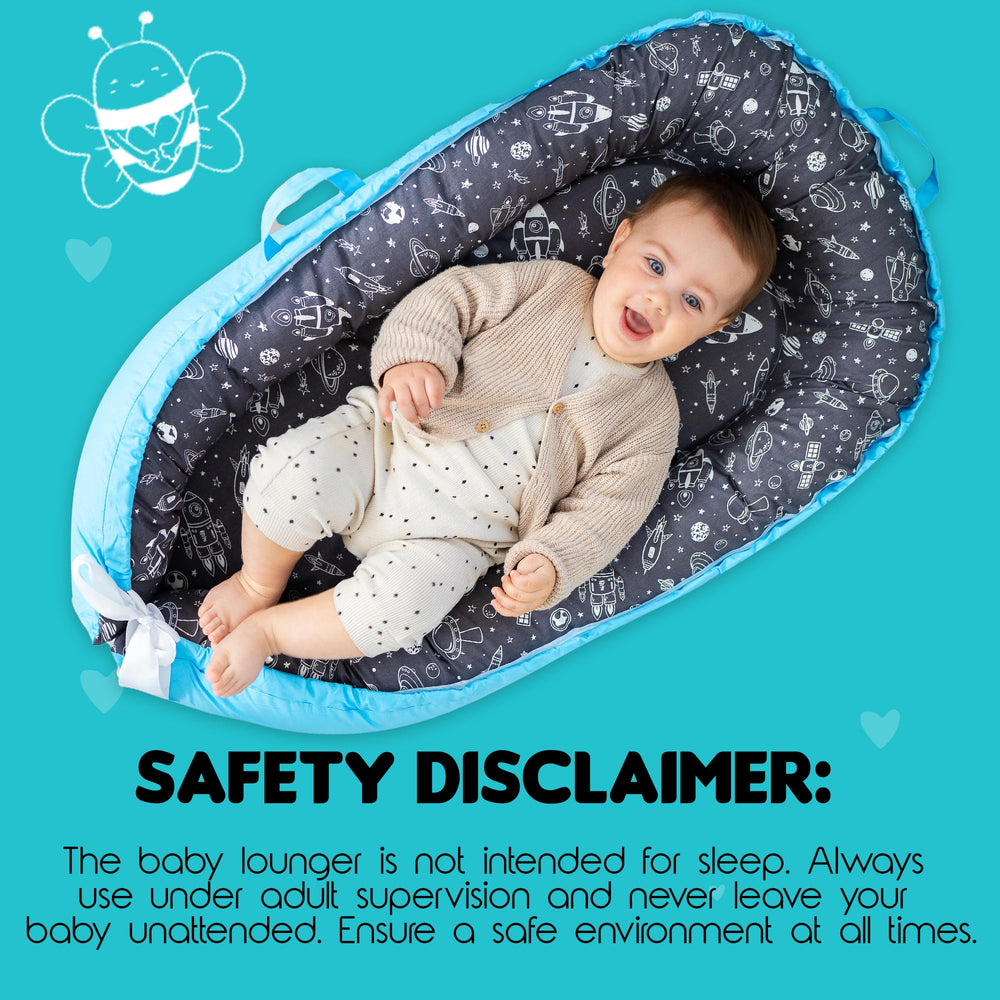 Beeezy Buddies Baby Lounger blue outer space easy-clean surface.