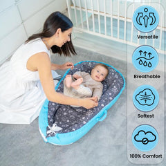 Beeezy Buddies Baby Lounger blue outer space water-resistant material helps with spills.