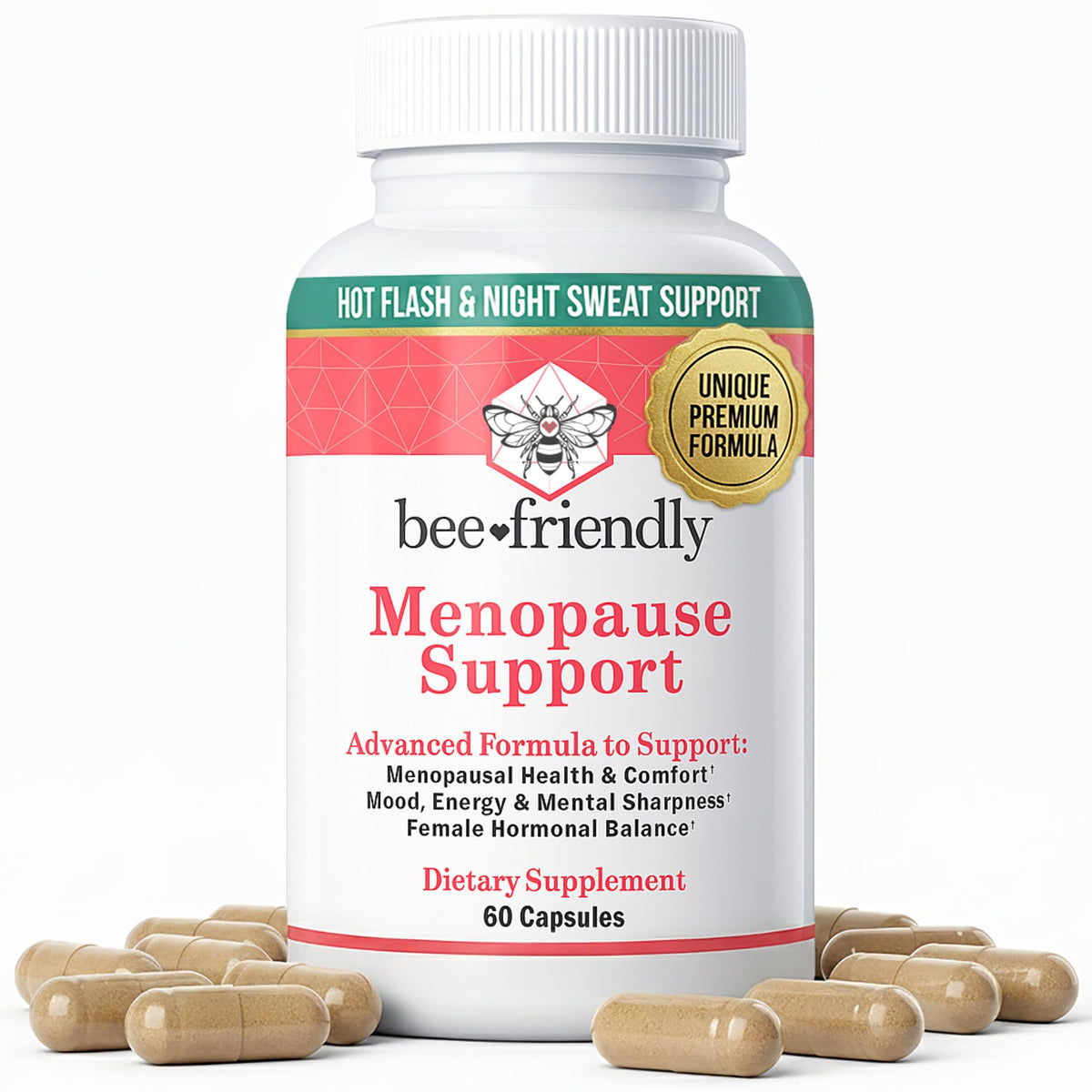 BeeFriendly menopause bottle showing capsules for daily balance.